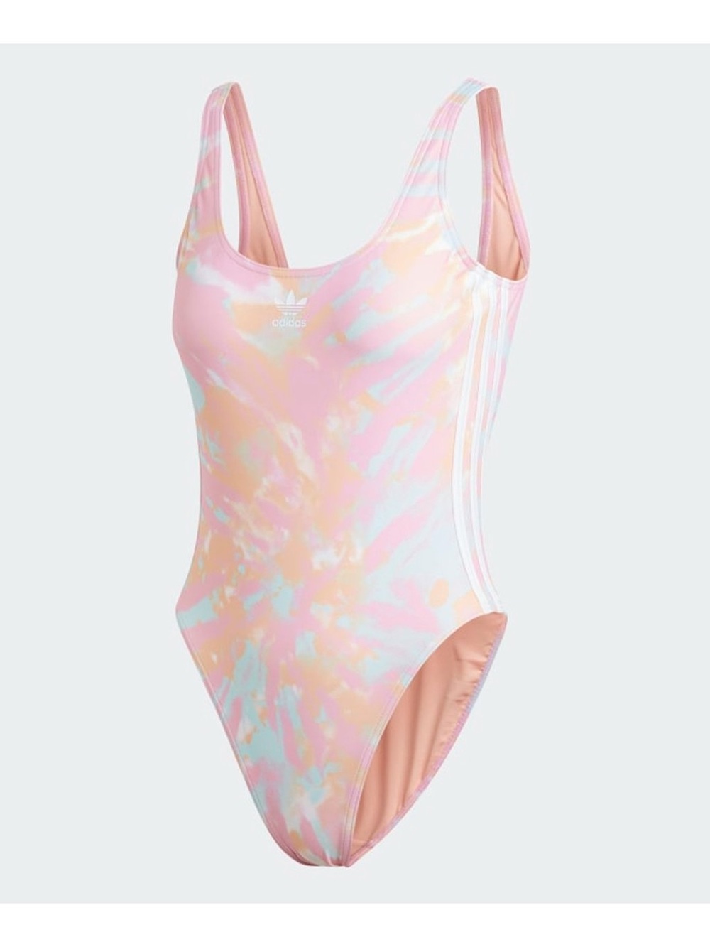 Adidas | Pastel Tie-Dye One-Piece Swimsuit in Pink Peach Blue with 3 Stripes
